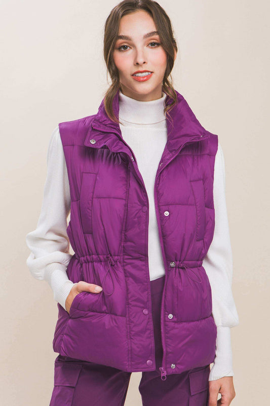 Zip Up Button Puffer Vest With Waist Toggles - The Diva Goddess