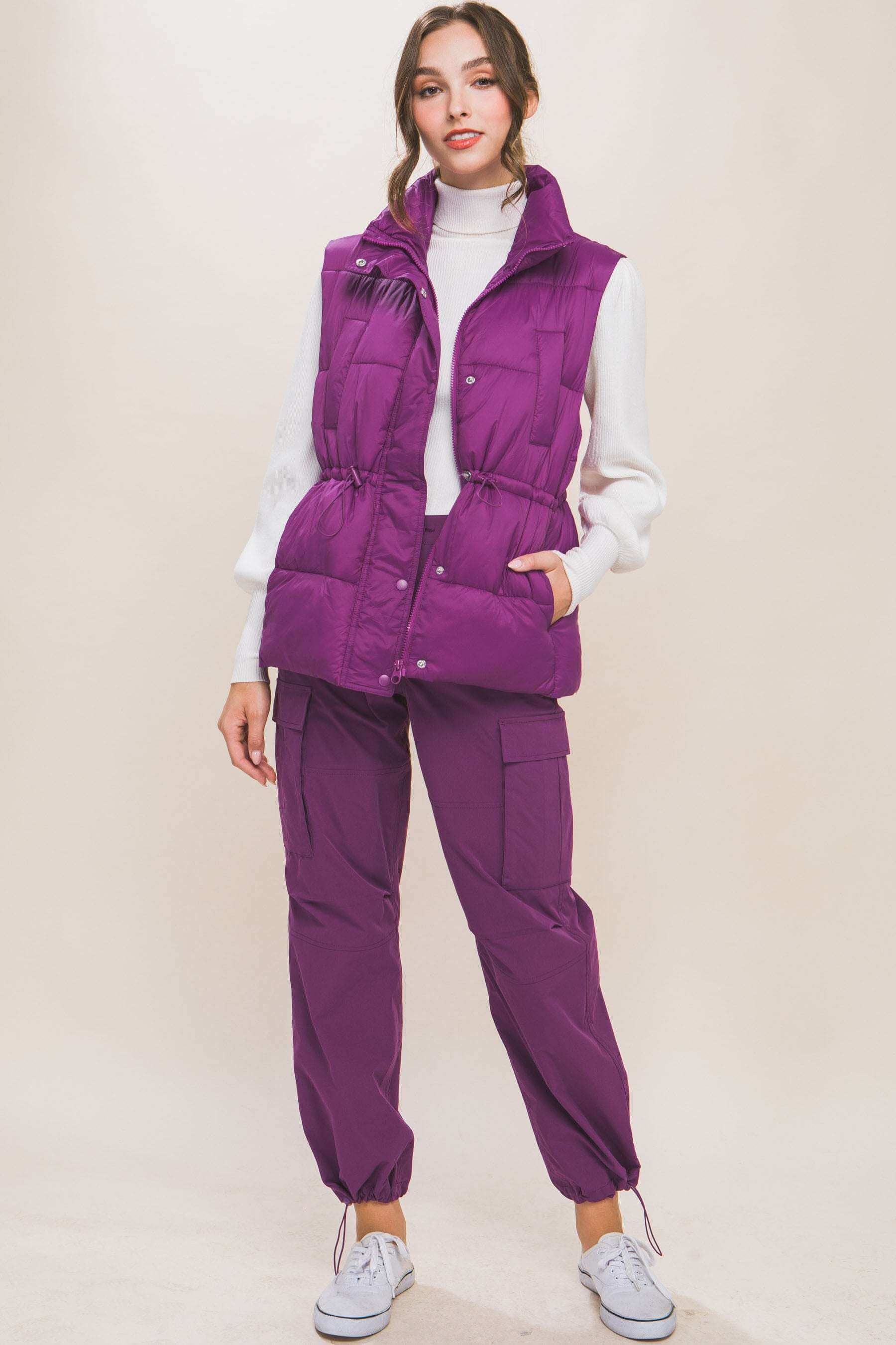 Zip Up Button Puffer Vest With Waist Toggles - The Diva Goddess