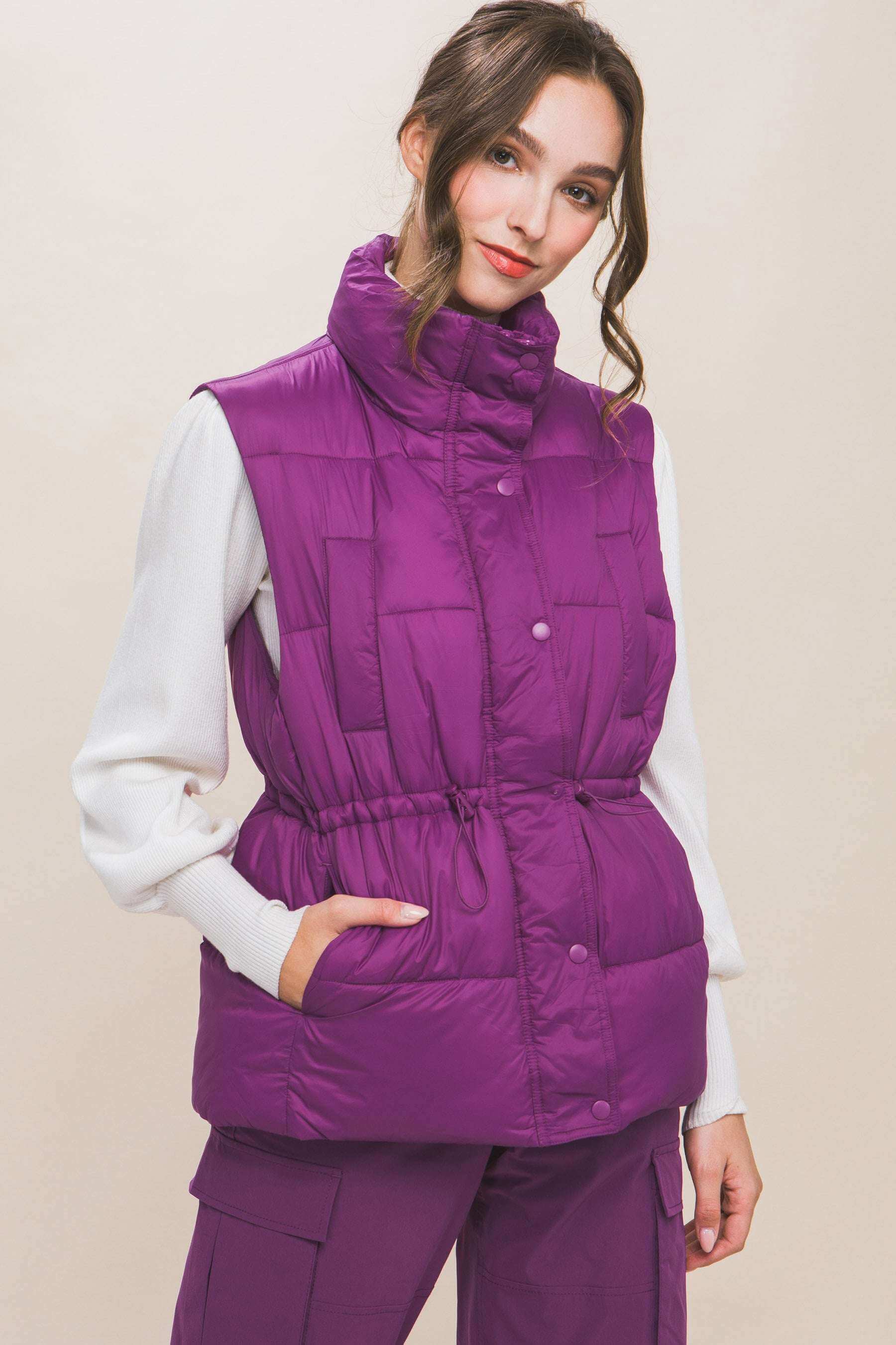 Zip Up Button Puffer Vest With Waist Toggles - The Diva Goddess