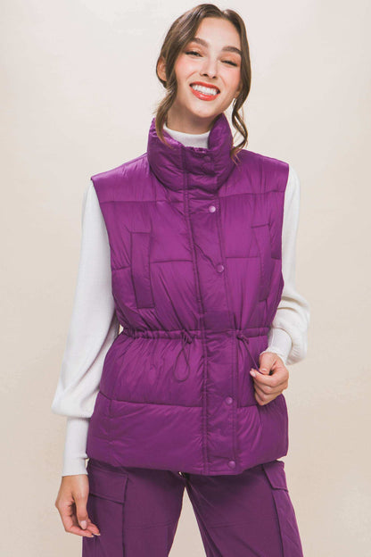 Zip Up Button Puffer Vest With Waist Toggles - The Diva Goddess