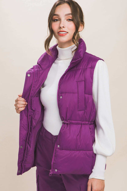 Zip Up Button Puffer Vest With Waist Toggles - The Diva Goddess