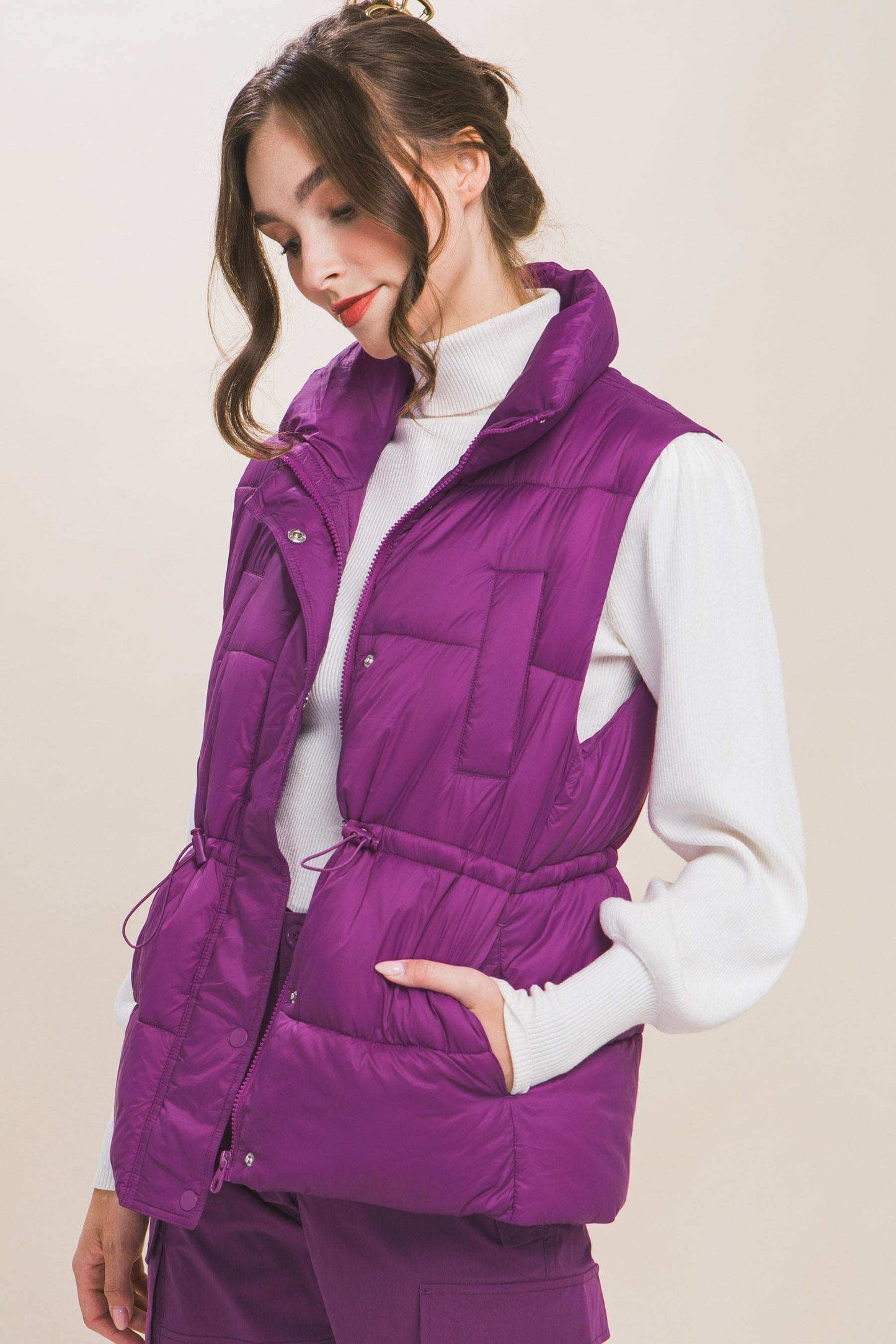 Zip Up Button Puffer Vest With Waist Toggles - The Diva Goddess