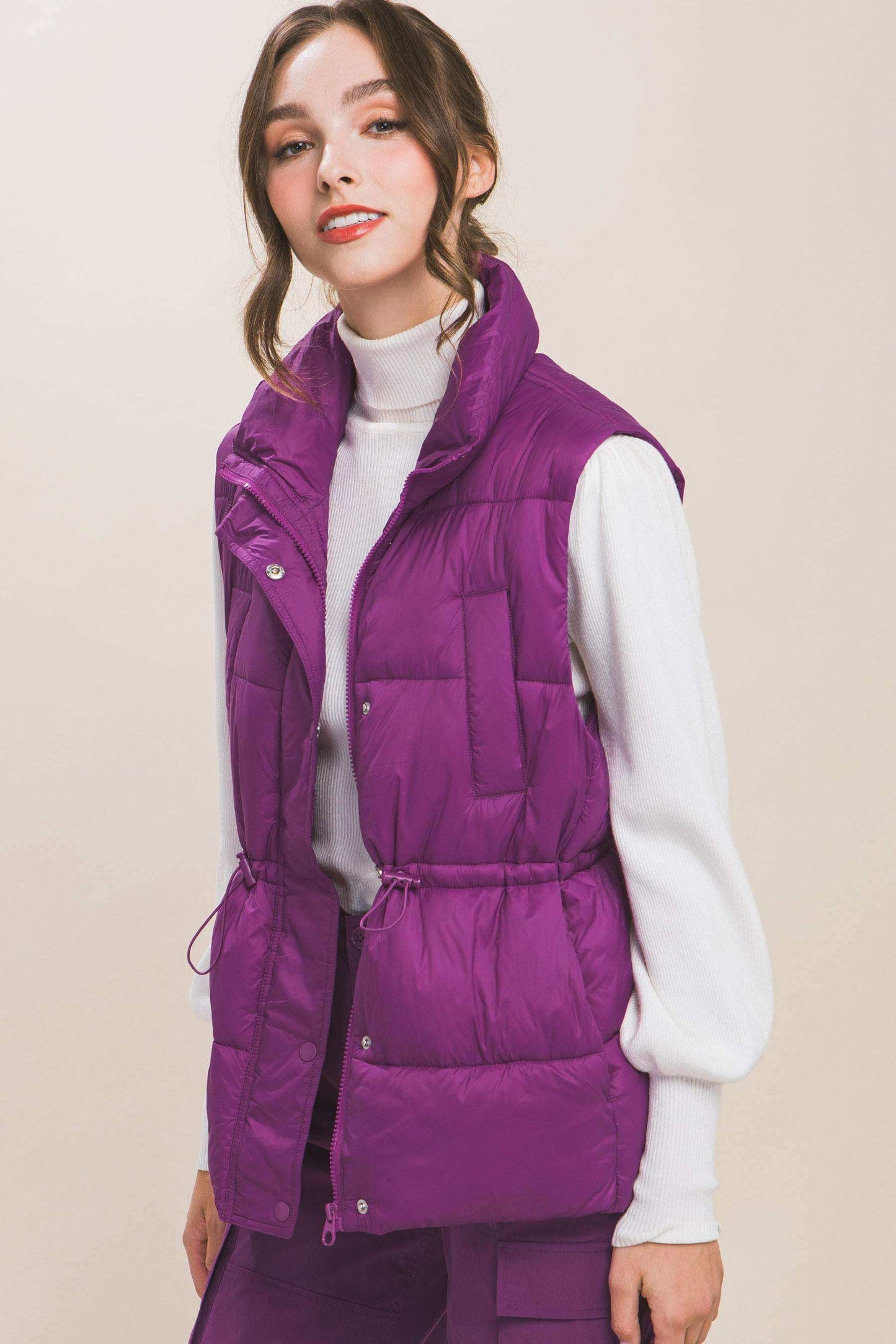 Zip Up Button Puffer Vest With Waist Toggles - The Diva Goddess