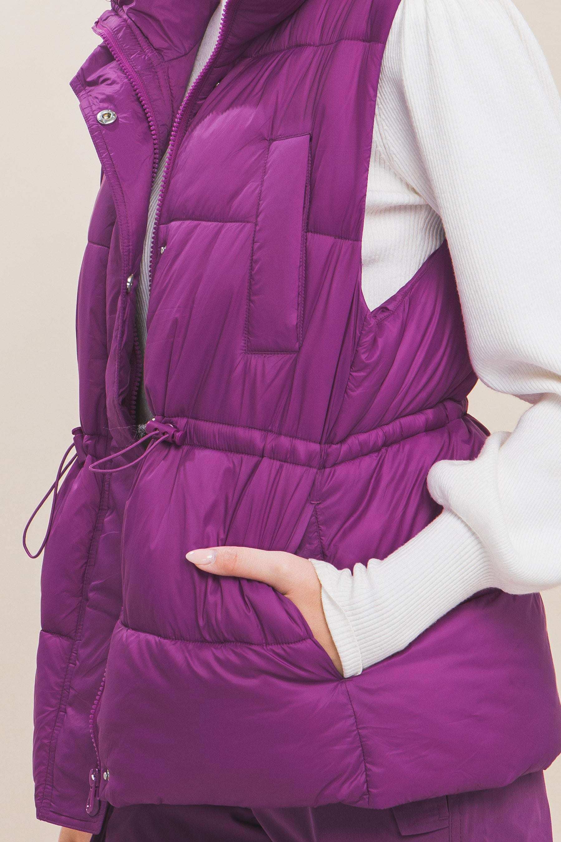 Zip Up Button Puffer Vest With Waist Toggles - The Diva Goddess