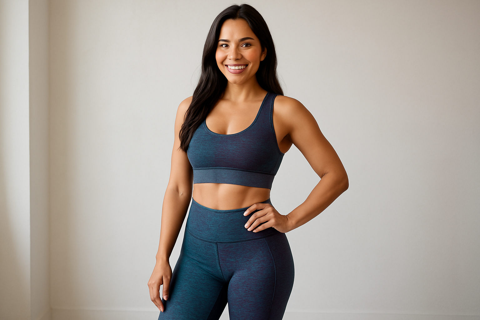 a beautiful hispanic woman in a standing pose with a matching set of leggings on