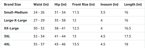 Size chart for Bold Moves Compression Biker Shorts showing waist, hip, rise, inseam, and length measurements.