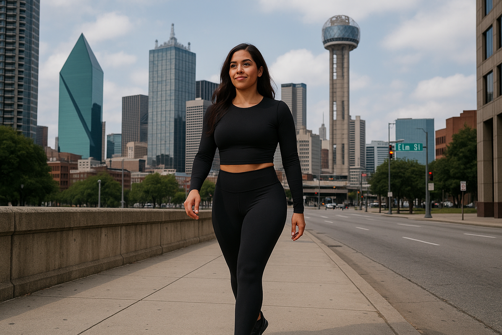 hispanic woman walking on the sidewalk in downtown Dallas wearing black legging set