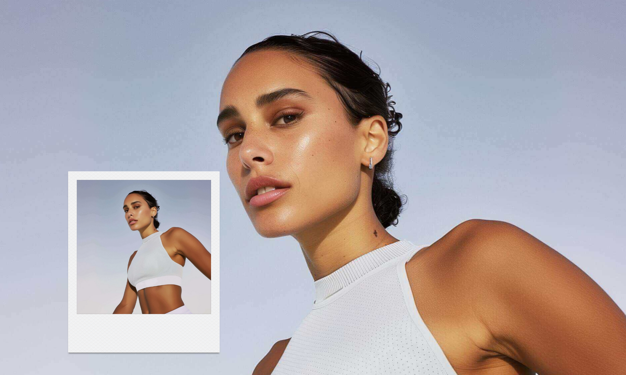 Woman in a white sports bra and shorts with a smaller inset image on a light blue background