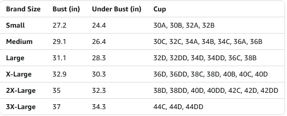 Size chart for women's sports bras showing bust, under bust, and cup sizes for a perfect fit.