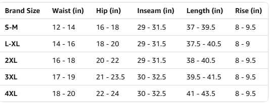 Size chart for women's activewear featuring waist, hip, inseam, length, and rise measurements.