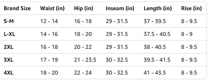 Size chart for women's activewear featuring waist, hip, inseam, length, and rise measurements.