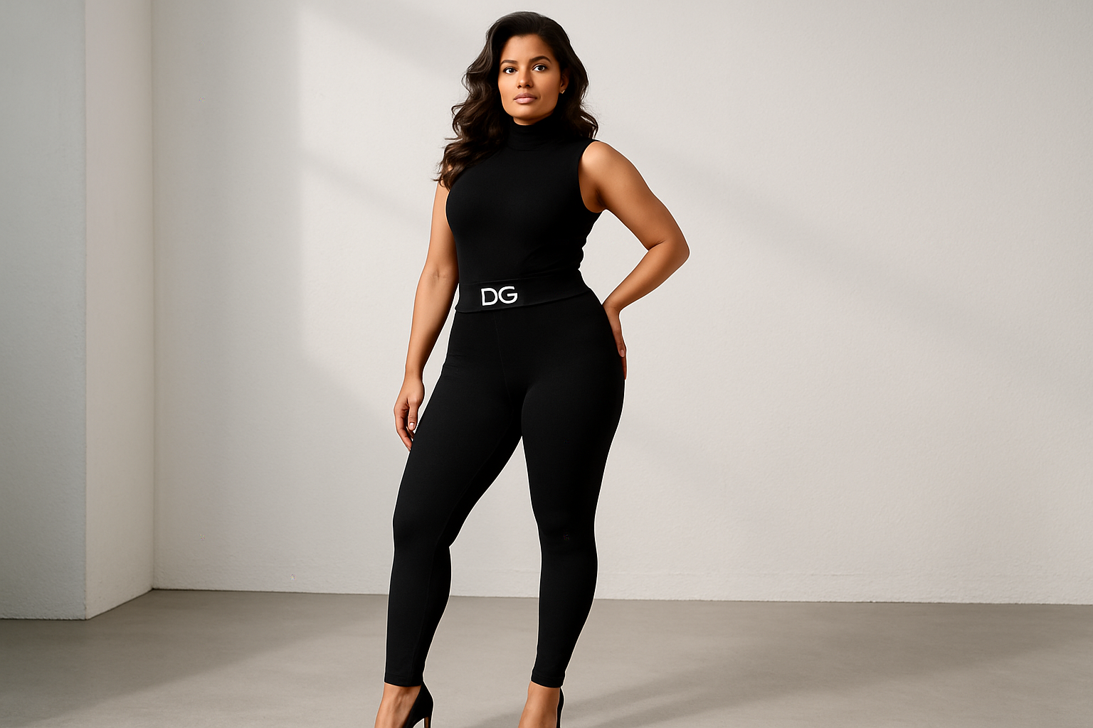 women showing off her Black DG Leggings